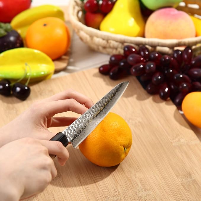 Japanese Petty Knife Hammered Damascus VG-10 46 Layer Octagonal Magnolia Wood Handle, 6-inch (150mm)