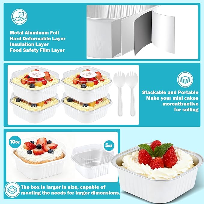 20 Pack 10oz Mini Cake Pans With Lids, Aluminum Foil Square Brownie Baking Cups,Disposable 4”x4” Large Cupcake Pan,Jumbo Muffin Tin Ramekins Holders-White