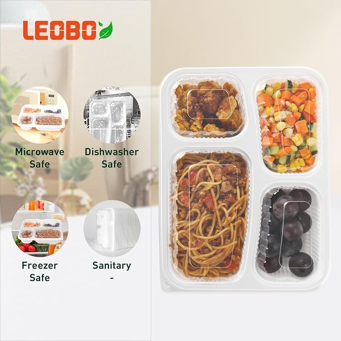 40 Pack 34oz 4-Compartment Bento Box - Shrink Wrapped No Pre-Wash | BPA Free Leak-Resistant Takeout Containers | Microwave Safe | Shatterproof Flexible PP To Go Box, Bulk Leftover Storage
