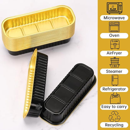 100 Pack 6.8 oz Rectangular Mini Loaf Pans with Lids and Spoons,Disposable Aluminum Foil Mini Cake Pans and Baking Tins with Sealing Stickers, Individual Black Dessert Containers for Parties