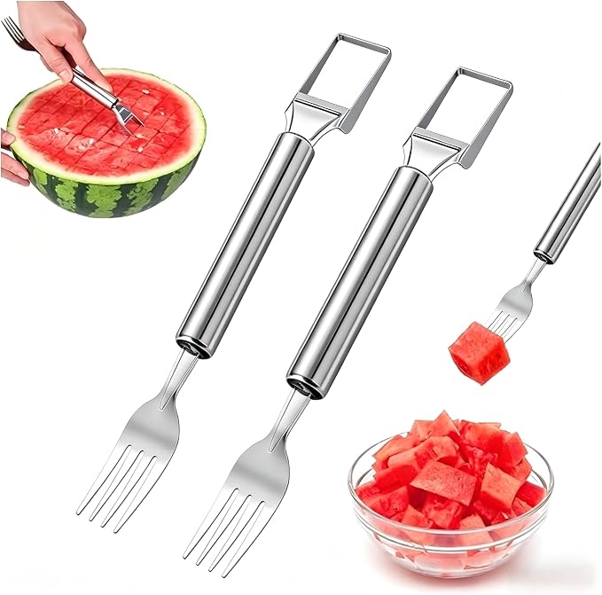 Watermelon Slicer & Fork,2-in-1 Stainless Steel Fruit Cutter Tool for Kitchen Gadgets, Watermelon Fork Slicer Cutter for Summer Party, Camping & Picnic, (2 Packs)