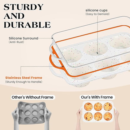 2 Pcs Jumbo Muffin Pan with Metal Frame Nonstick 6 Cup Extra Large Silicone Cupcake Pan for Baking, Deep Jumbo Muffin Tray for Egg Bites Muffins, Confetti Color Cream Gifts for Mom Home Baker