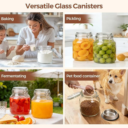 ComSaf 2-Pack 74oz (0.6 Gal) Wide-Mouth Glass Jars with Airtight Clamp Lids, Large Food Storage Containers for Flour, Sugar, Coffee & Pantry Organization, Includes Measuring Cup & Reusable Labels