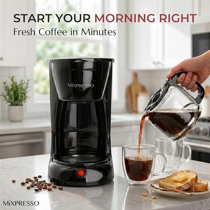 Mixpresso 12 Cup Coffee Pot, Auto-Off & Reusable Filter, Large Drip Coffee Maker, Borosilicate Glass Carafe, Anti-Drip, Water Window, Easy On/Off Switch, Black Coffee Machine