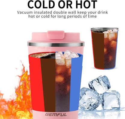 GEMFUL Travel Coffee Mug 13 oz Insulated Coffee Tumbler To Go with Lid Leak Proof Vacuum Stainless Steel Reusable for Hot Cold Drinks (Pink)