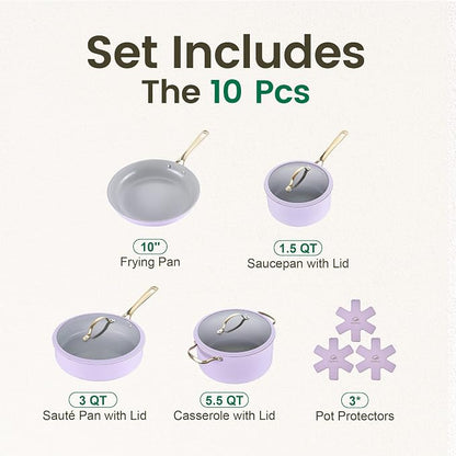 Chef Power Ceramic Cookware Sets, 10Pcs Pots and Pans Set Non Stick, Cookware Set with Stainless Steel Handle, Dishwasher & Oven Safe, Light Purple and Granite Grey