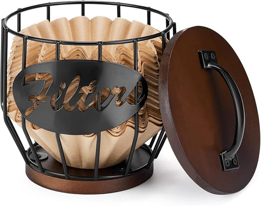Yangbaga Coffee Filter Holder with Wood Lid,Wood and Metal Coffee Filter Storage Container Basket for Coffee Filters 2-4 Cup,Round Coffee Filter Holder Case for Counter,Coffee Bar Accessories decor