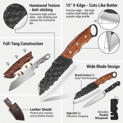 KOFERY Hand Forged Serbian Butcher Knife with Full Tang 4Cr13MoV Steel, Viking Meat Cleaver for Butchering, Camp Cooking and BBQ, Includes Leather Sheath & Pocket Sharpener