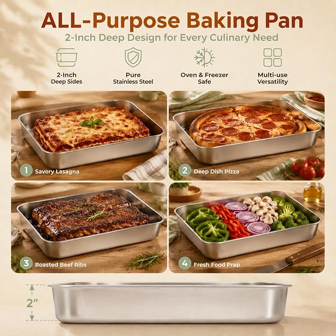 E-far Baking Pans Set of 2, 12.4” x 9.6” x 2” Stainless Steel Rectangular Cake Pans, Baking Sheet Pan for Lasagna Brownies Casseroles, Non-toxic & Healthy, Dishwasher Safe