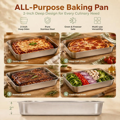 E-far Baking Pans Set of 2, 12.4” x 9.6” x 2” Stainless Steel Rectangular Cake Pans, Baking Sheet Pan for Lasagna Brownies Casseroles, Non-toxic & Healthy, Dishwasher Safe