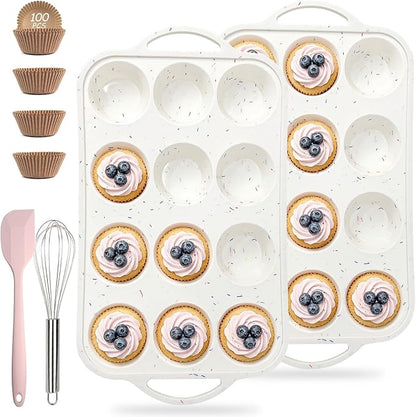 2 Pack Silicone Muffin Pans for Baking, 12 Cup Cupcake Pan with Metal Reinforced Frame, 3 Baking Tools Included, Nonstick Molds for Homemade Muffins, Cupcakes, Egg Bites, Oven Dishwasher Safe
