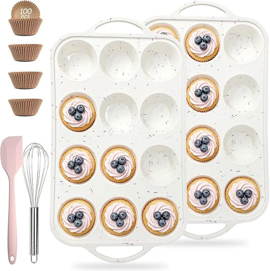 2 Pack Silicone Muffin Pans for Baking, 12 Cup Cupcake Pan with Metal Reinforced Frame, 3 Baking Tools Included, Nonstick Molds for Homemade Muffins, Cupcakes, Egg Bites, Oven Dishwasher Safe