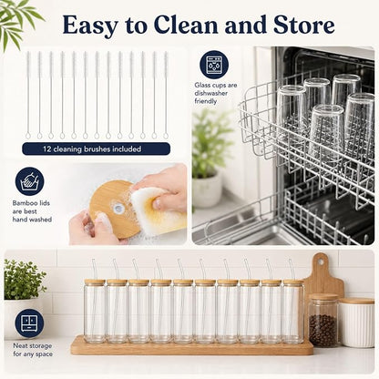 Glass Cups with Lids and Straws Set of 12, 16 oz Can Glasses with Bamboo Lids and Glass Straws, Iced Coffee Cups for Coffee Bar, Cocktails, Summer Parties, Family Gatherings and Housewarming