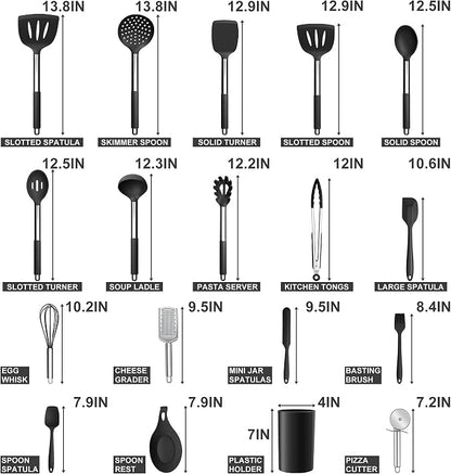 Silicone Kitchen Utensils Set, E-far 30-Piece Cooking Utensils Set with Holder, Heat Resistant Kitchen Spatulas Turner Tong Spoon Whisk Ladle for Nonstick Cookware, Stainless Steel Handle (Black)