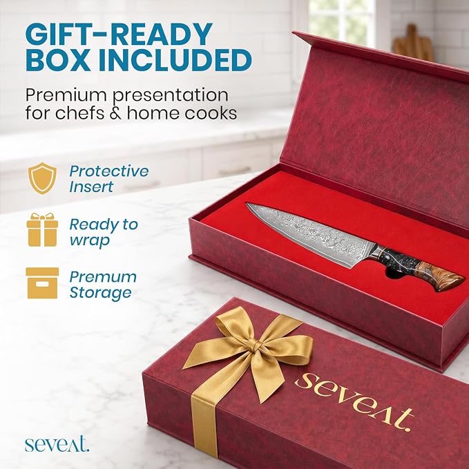 Damascus Kitchen Knife | 67-Layer Damascus Steel | 13” Professional Chef Knife | Ergonomic Wood & Resin Handle | Gift Box Included (Black, 1 Piece)