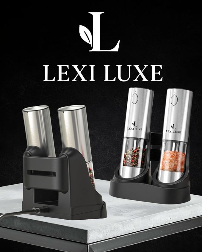 Electric Salt and Pepper Grinder Set, Rechargeable USB-C Automatic Grinder with Charging Base, LED Light, Adjustable Coarseness – Stainless Steel Pepper Mill Set (SILVER)