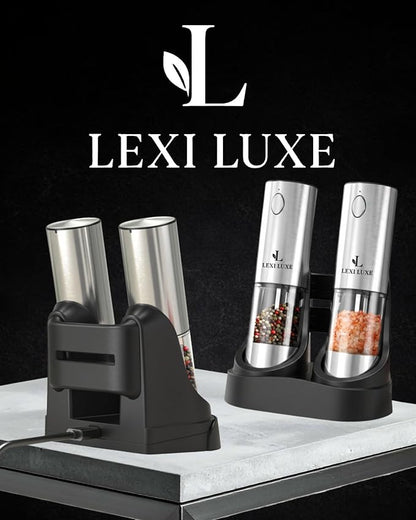 Electric Salt and Pepper Grinder Set, Rechargeable USB-C Automatic Grinder with Charging Base, LED Light, Adjustable Coarseness – Stainless Steel Pepper Mill Set (SILVER)
