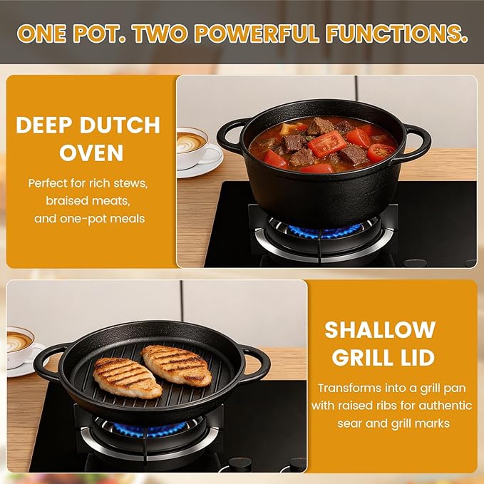 Cast Iron Dutch Oven With Skillet Lid - JINCHUFURI, 2-in-1 Pre-Seasoned Heavy Duty Cookware Set for Bread Baking, Frying, Camping, BBQ, Oven, Grill & Stovetop, 3.5QT
