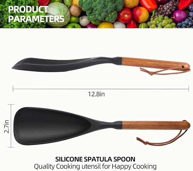 Multifunction Silicone Spatula Cooking Spoon for Nonstick Cookware, Wooden Handle Spatula Spoon for Mixing Serving Scraping, Heat Resistant BPA-Free Kitchen Spoon