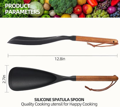 Multifunction Silicone Spatula Cooking Spoon for Nonstick Cookware, Wooden Handle Spatula Spoon for Mixing Serving Scraping, Heat Resistant BPA-Free Kitchen Spoon