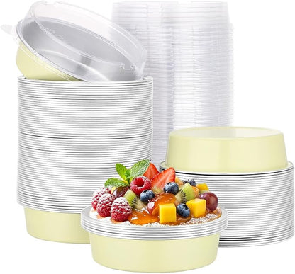 Beasea 100 Pack 4" Mini Pans with Lids, 7.3oz Disposable Aluminum Baking Foil Tins Round Small Tart Pie Container for Individual Cupcake Dessert Muffin Cheesecake Quiche Oven Dishes - Sage Green