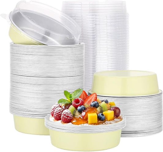 Beasea 100 Pack 4" Mini Pans with Lids, 7.3oz Disposable Aluminum Baking Foil Tins Round Small Tart Pie Container for Individual Cupcake Dessert Muffin Cheesecake Quiche Oven Dishes - Sage Green
