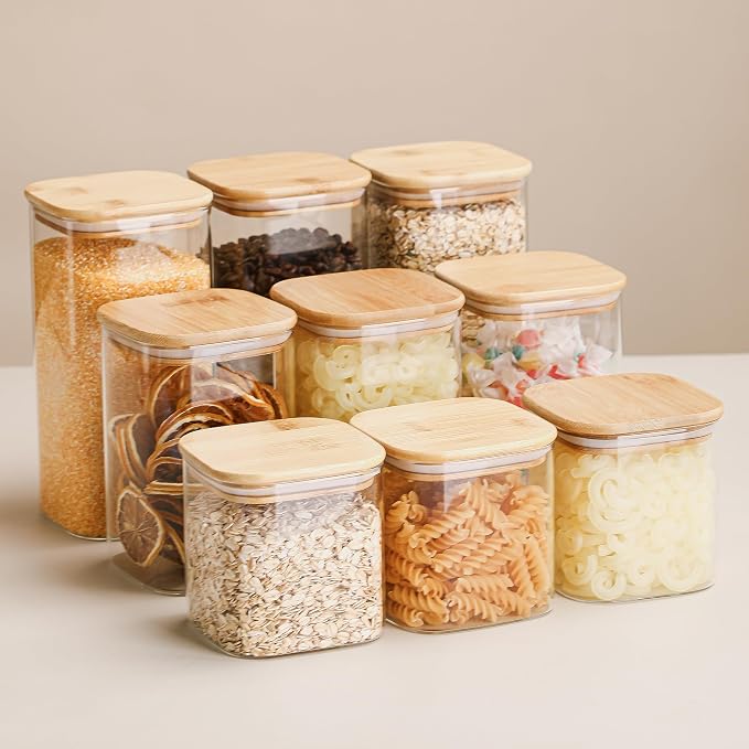 Glass Food Storage Containers with Lids, 50 Oz High Borosilicate Glass Jars for Coffee Bean, Candy, Cookie, Flour, Square