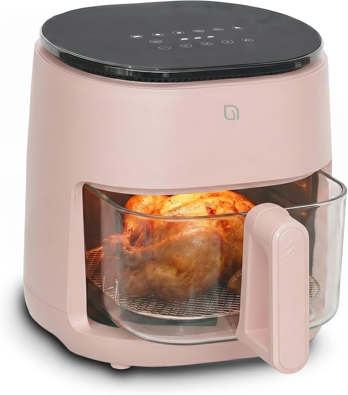 WILLOW Eco Series 6 in 1 Air Fryer with Glass Basket, 5 Quart Non Toxic Air Fryer w Digital Display, 430°F Max Temp, Preheat & Keep Warm Function, Compact + Dishwasher Safe Glass Pink Airfryer