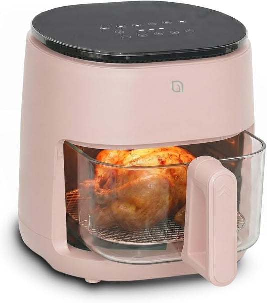 WILLOW Eco Series 6 in 1 Air Fryer with Glass Basket, 5 Quart Non Toxic Air Fryer w Digital Display, 430°F Max Temp, Preheat & Keep Warm Function, Compact + Dishwasher Safe Glass Pink Airfryer