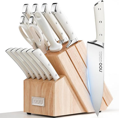 Knife Set, 15 Pcs German High Carbon Stainless Steel Kitchen Knife Set, Knife Sets with Block and Sharpener,Enduring Razor-Sharp FSC Wooden Knives Block Set for Kitchen，Nature