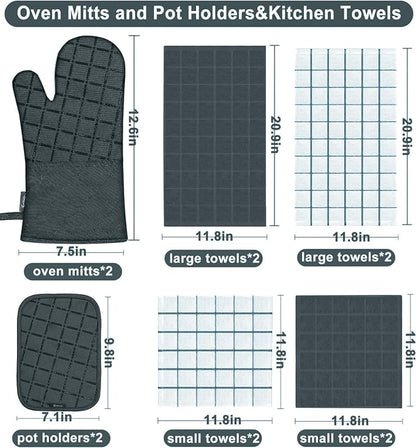 Oven Mitts Pot Holders Sets/Kitchen Towels and Dishcloths,Oven Gloves Kitchen Dish Towels 500 Degree Heat Resistant Potholders with Non-Slip Silicone Surface for Cooking,Grilling,Baking-Deep Green