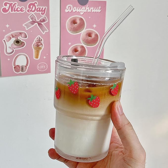 Olvini 13oz Glass Tumbler with Straw and Lid, Reusable Iced Coffee Cup Tumbler, Cute Glass Cups for Water, Matcha, Travel Coffee Mugs (Strawberry - 13oz)