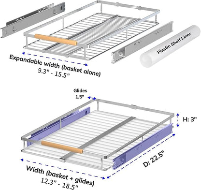 Pull Out Drawer Cabinet Organizer, Expandable Slide Out Storage Shelves - Heavy Duty, Durable and Smooth Slide-Out, 12.3"~18.3" Wide x 22.5" Deep, 2 Pack
