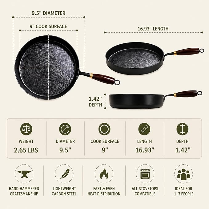 Calmabode 9.5” Hand-Hammered Carbon Steel Pan with Wooden Lid | Nitrided carbon steel, flat bottom, detachable wood handle, ideal for eggs, steak, searing, sautéing and daily cooking