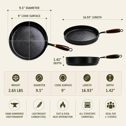 Calmabode 9.5” Hand-Hammered Carbon Steel Pan with Wooden Lid | Nitrided carbon steel, flat bottom, detachable wood handle, ideal for eggs, steak, searing, sautéing and daily cooking