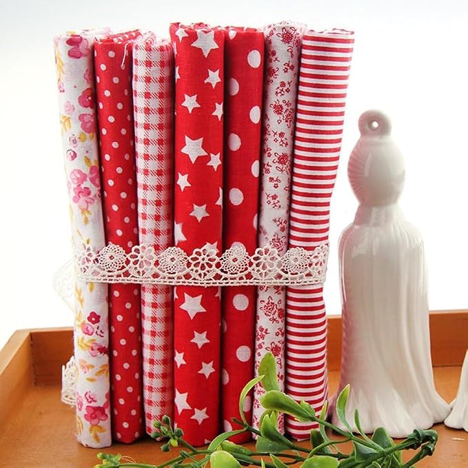 7Pcs Square Shape, Flower, Striped, Polka Dot Cotton Fabric Fabric for Sewing, 25x25cm Cotton Fabric Flower Polka Dot Bundle DIY Patchwork Quilt Cloth,Craft and Hobby Fabric (Red)