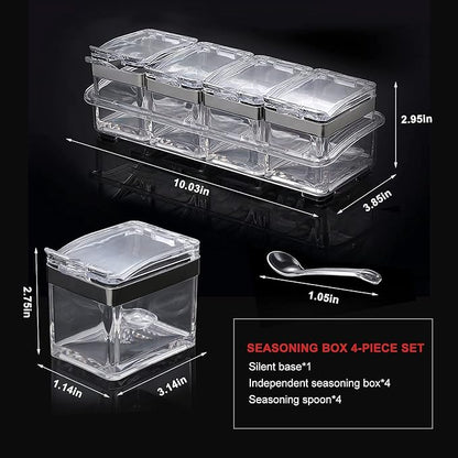 Acrylic Seasoning Box Set, 4 Piece Clear Premium Quality Storage Rack Spice Pots Condiment Jars for Salt Sugar Cruet Kitchen Organization Containers with Cover and Spoon