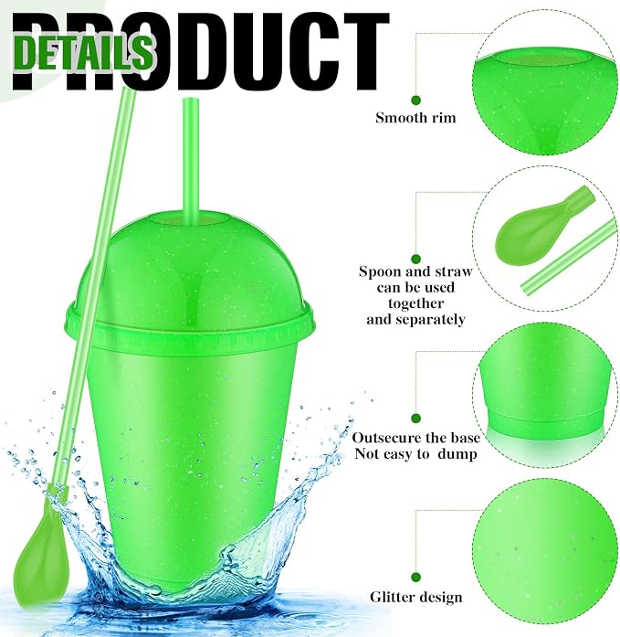 6 Set Slushie Cups with Dome Lids and Straws Detachable Spoon Straws Reusable Plastic Iced Coffee Cups Smoothie Tumbler for Birthdays Summer Party Supplies(Green,16 oz)