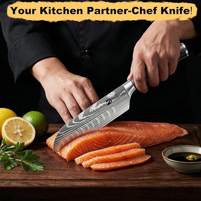 Dfito Kitchen Knife Set, 5 Pieces High Carbon Stainless Steel Chef Knife Set with Red Pakkawood Handle, Ultra Sharp Professional Chef Knives Sets for Home Cooking, Dishwasher Safe