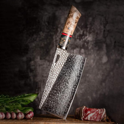 Damascus Kitchen Chinese Cleaver,7.5in Professional Handmade Chopping Chopper Knives with Burl Stabilized Wood Handle for Meat and Vegetable in Home&Restaurant