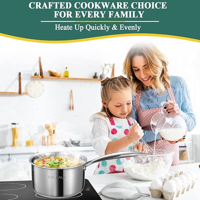 DELARLO Full-body Clad Tri-Ply Stainless Steel Small Brushed Saucepan With Lid, Induction Cooking Sauce Pot Pan, Heavy Duty Saucier Cookware, PFOA&PTFE Free(2 Quart)