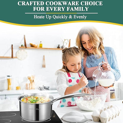 DELARLO Full-body Clad Tri-Ply Stainless Steel Small Brushed Saucepan With Lid, Induction Cooking Sauce Pot Pan, Heavy Duty Saucier Cookware, PFOA&PTFE Free(2 Quart)