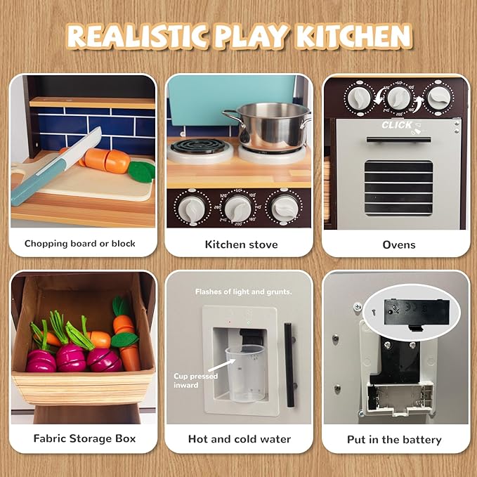 Play Kitchen for Kids, Wooden Kids Play Kitchen Playset Chef Pretend Play Set for Toddlers, Toys Kitchen with 12 Pcs Toy Food & Cookware Accessories