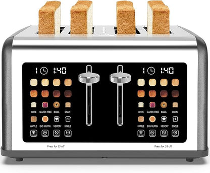4 Slice Toaster Touch Screen, Stainless Steel Toasters Digital Timer, Dual Control Panel Toasters, 8 Shade Settings 6 Bread Types for Bagel, Cancel, Defrost 1650W Grey