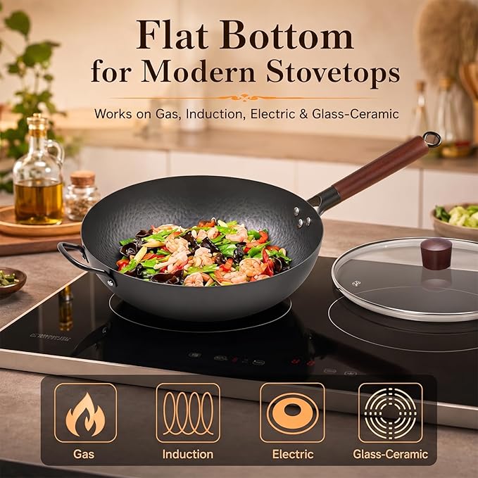 WANGYUANJI 13.4"(34cm) Carbon Steel Wok Pan with Lid,Large Flat Bottom Stir Fry Pan for Electric,Induction & Glass Top Stoves, High Stability No-Wobble Design, Lightweight Chinese Cookware, 4-6 People