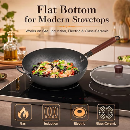 WANGYUANJI 13.4"(34cm) Carbon Steel Wok Pan with Lid,Large Flat Bottom Stir Fry Pan for Electric,Induction & Glass Top Stoves, High Stability No-Wobble Design, Lightweight Chinese Cookware, 4-6 People