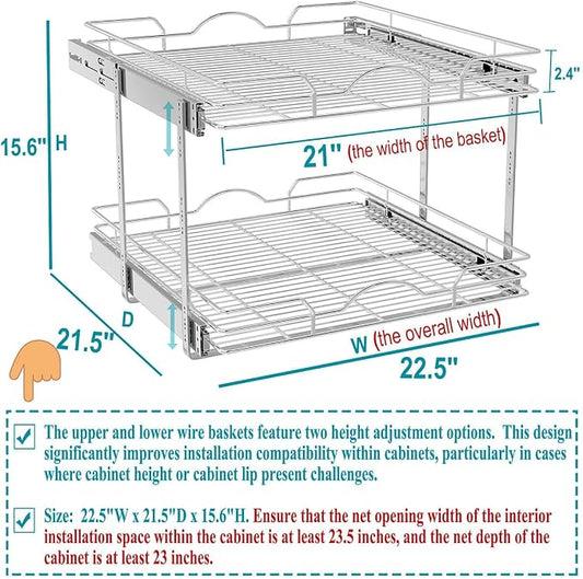 OCG 2 Tier Pull Out Cabinet Organizer (22.5" W x 21.5" D), Pull Out Drawers for Kitchen Cabinets, Pull Out Shelves for Base Cabinet Organization in Kitchen Bathroom Pantry, Chrome Finish