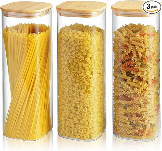 Glass Spaghetti Pasta Storage Container - 3 Pack 2.5 QT Airtight Food Storage Jar Set with Bamboo Lid Labels -Tall Square Kitchen Pantry Canister Organizers for Noodle Cookies Flour Cereal Coffee Bean