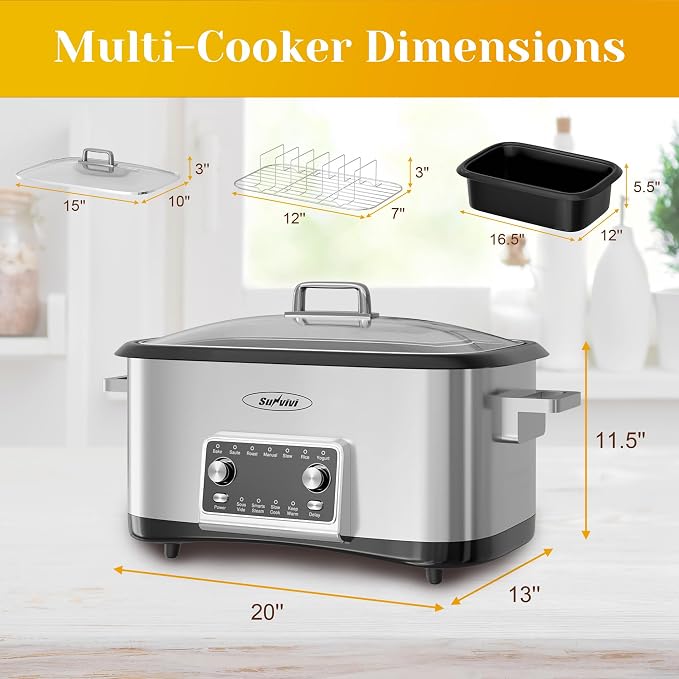 12-in-1 Programmable Slow Cooker, 8 Quart Digital Multi-Cooker Food Warmer with Timer, Temp Control & Auto Shut Off, Removable Non-Stick Pot, Dishwasher-Safe Glass Lid, Stainless Steel