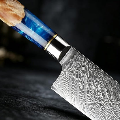 XITUO 7-Inch Santoku Knife, 67-Layer Japanese Damascus Steel Chef Knife, Ultra Sharp Kitchen Knife with Ergonomic Blue Resin & Wood Handle, Gift Box